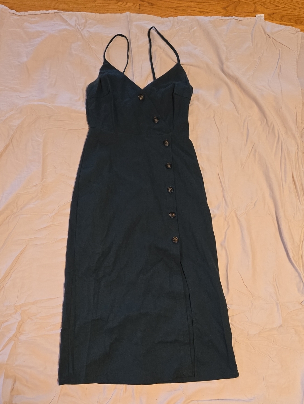 Spaghetti Strap Button-Front Midi Dress in Dark Green